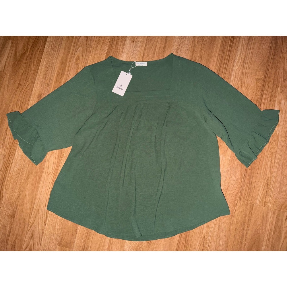 Bulotus Womens Green Square Neck Ruffle Sleeve Pleated Blouse Top 2XL NWT